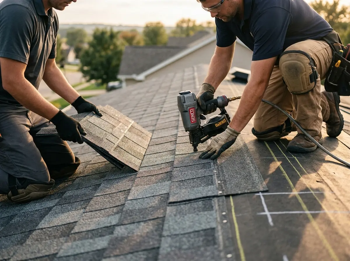 Professional roofer working on a residential roof in Lincolnwood